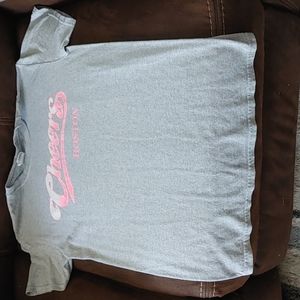 Gildan heavy cotton child small light gray shirt with pink. (Adult medium fit)